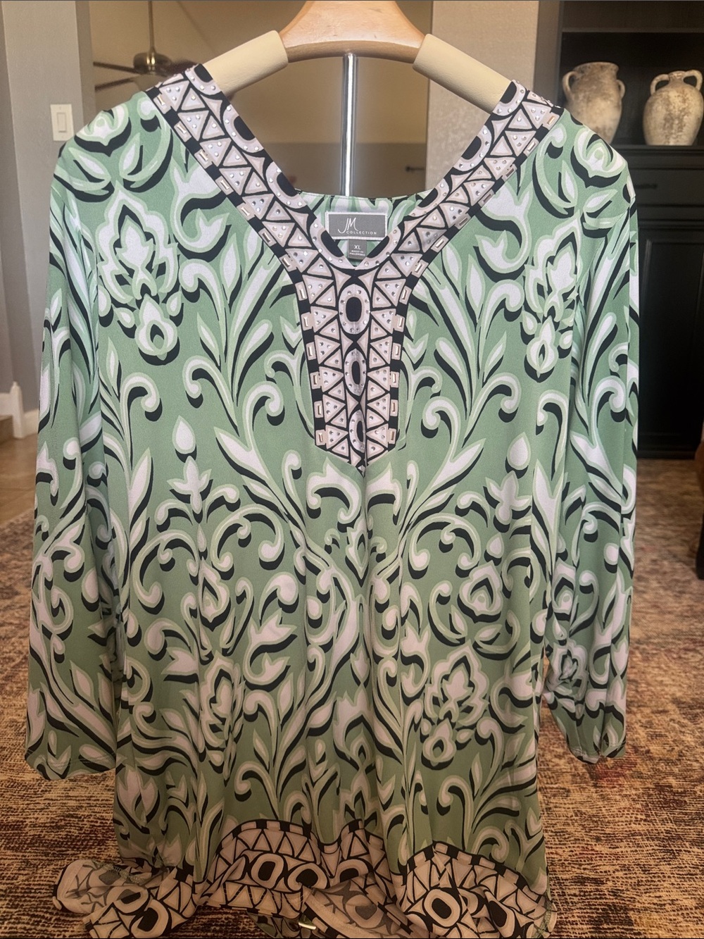 JM Collection Mint Green and White V-Neck Patterned Tunic